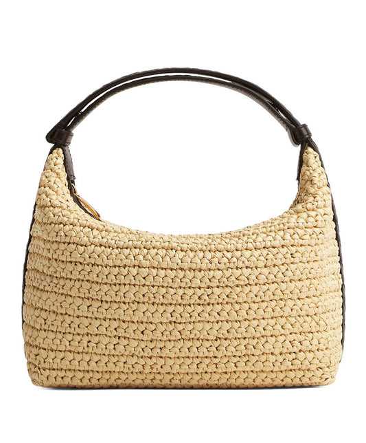Mini Wallace Leather-Trimmed Raffia Shoulder Bag
