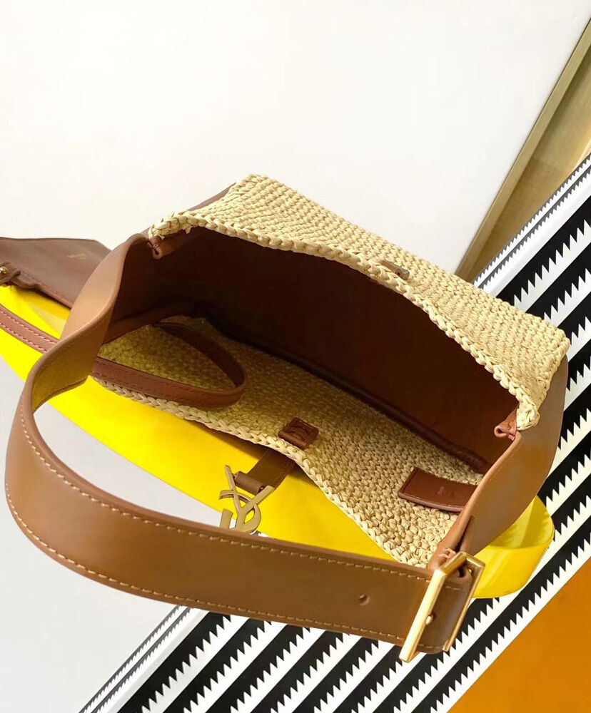 Le 5 a 7 Supple Small Leather-Trimmed Raffia Shoulder Bag