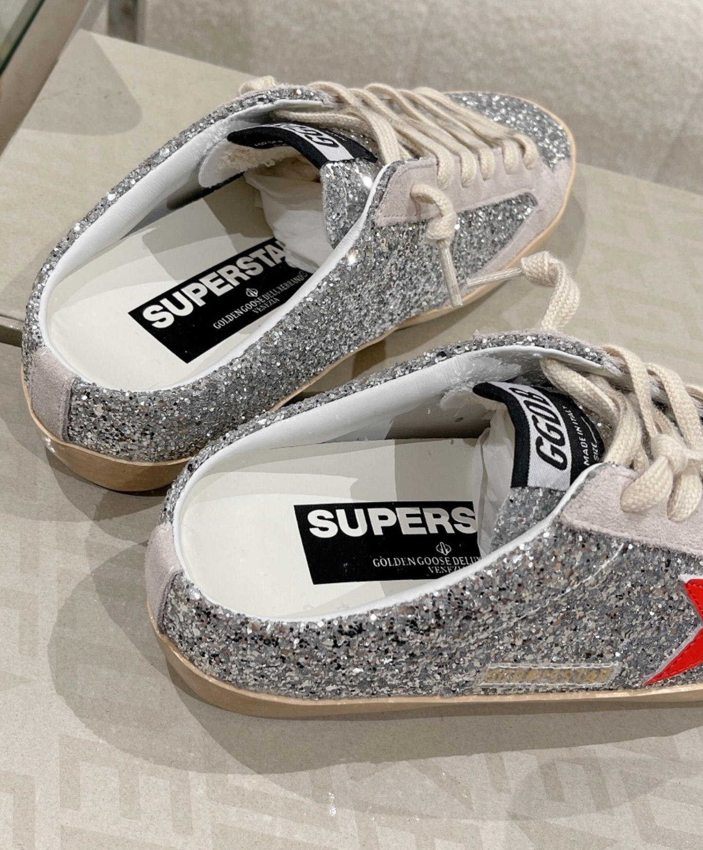 Golden Goose Super-Star Mule Silver Glitter & Red