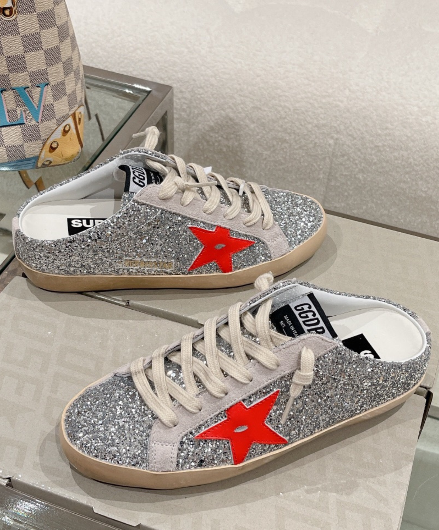 Golden Goose Super-Star Mule Silver Glitter & Red
