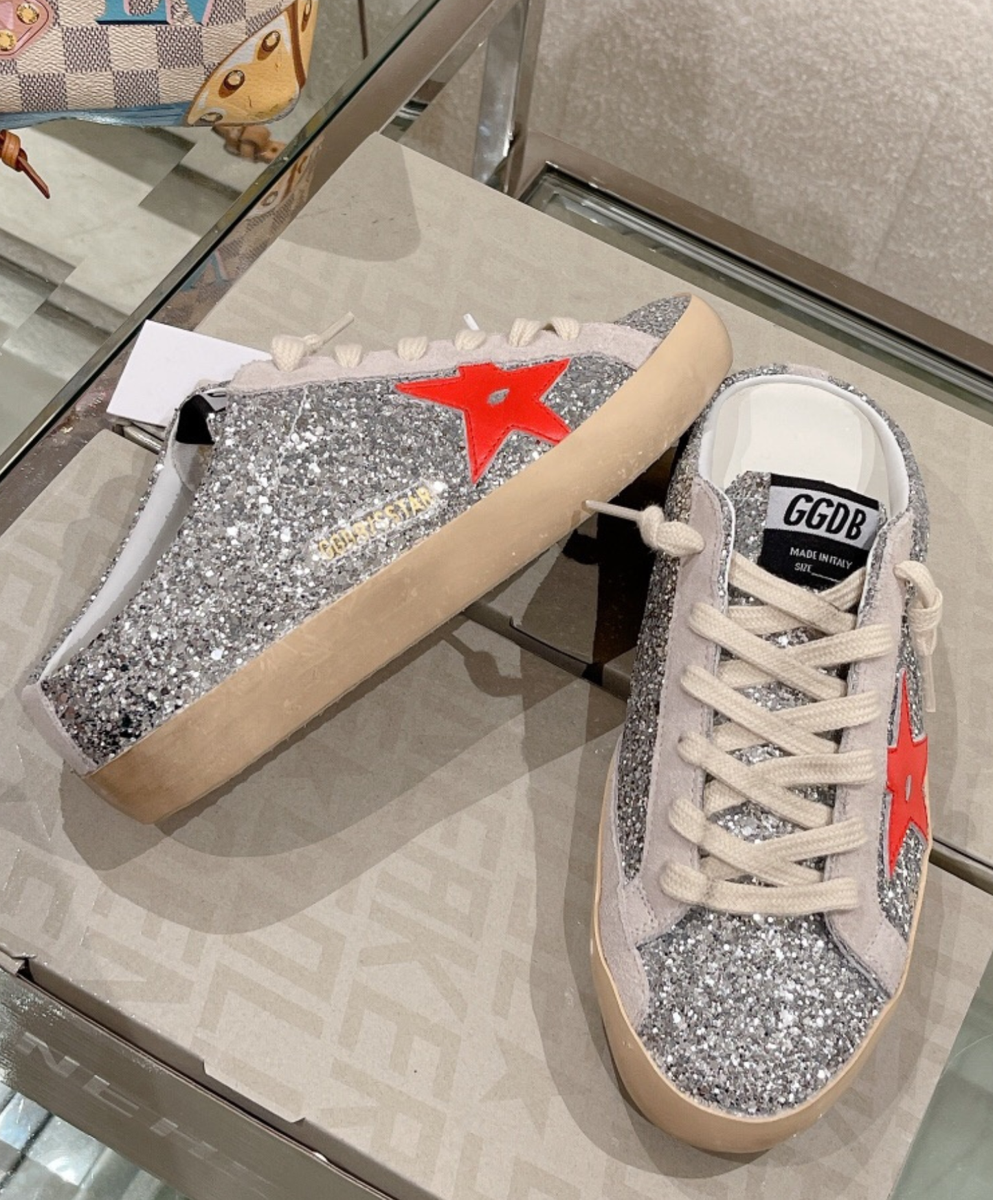Golden Goose Super-Star Mule Silver Glitter & Red