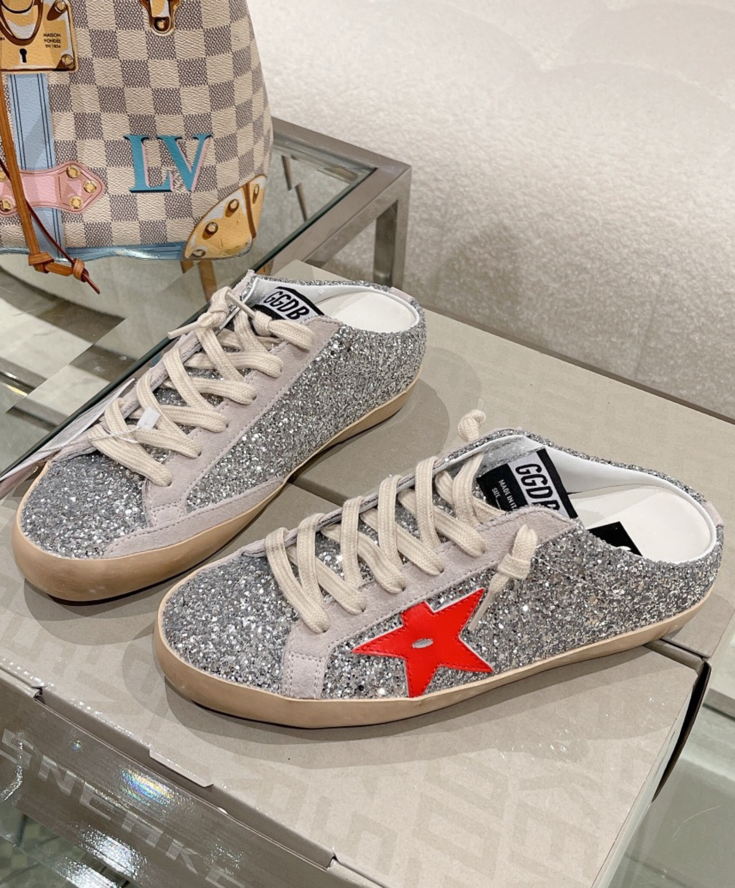 Golden Goose Super-Star Mule Silver Glitter & Red