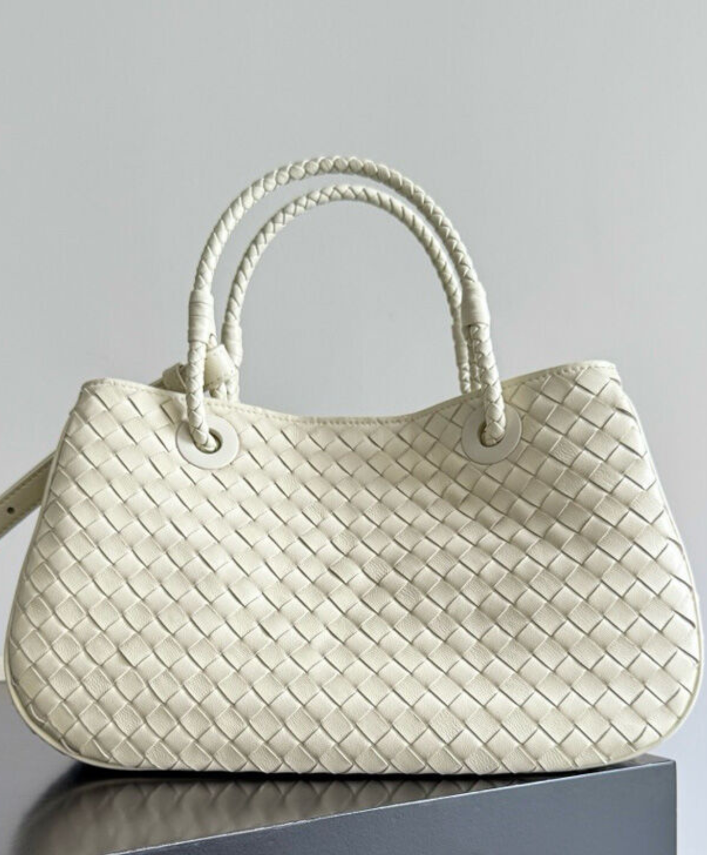 White Leather Basket Shoulder Bag