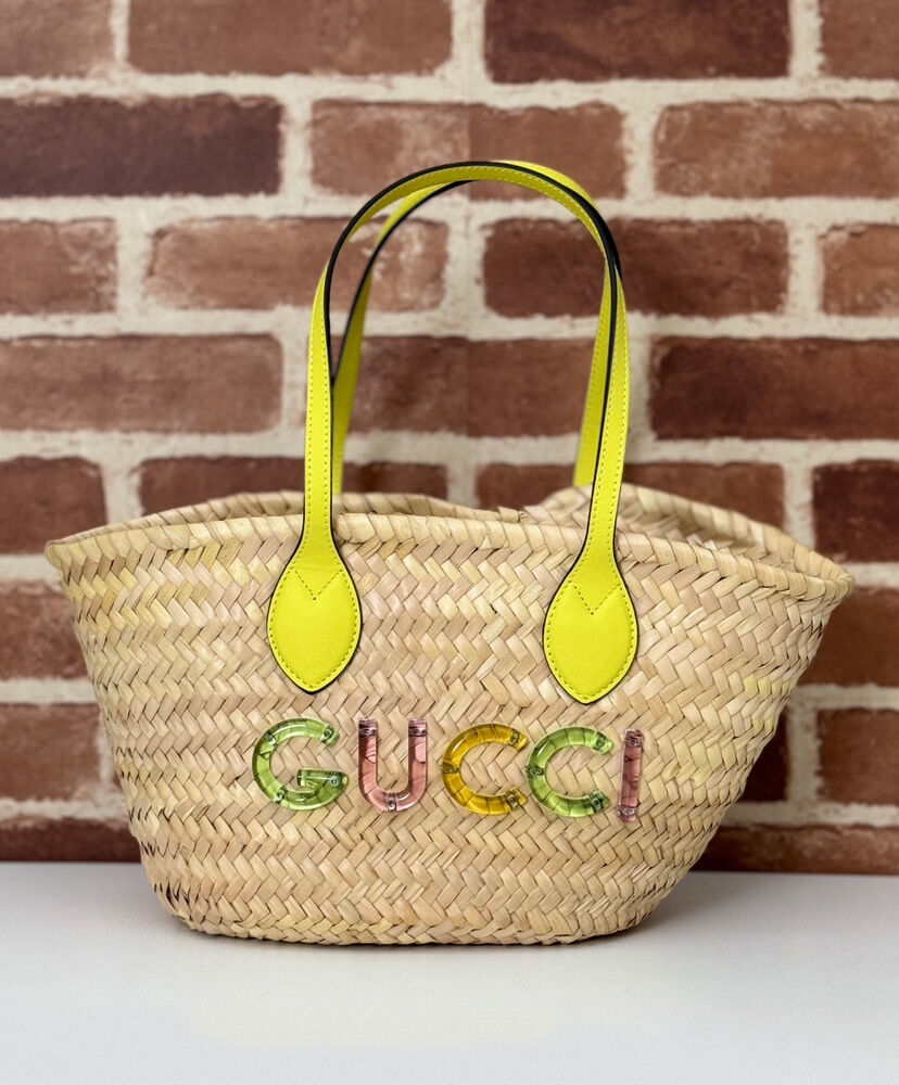 Mini Straw Tote With Gucci Logo