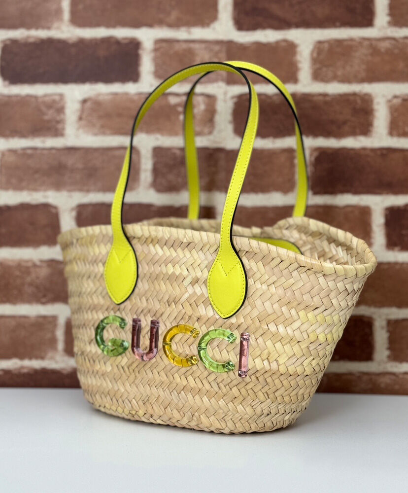 Mini Straw Tote With Gucci Logo