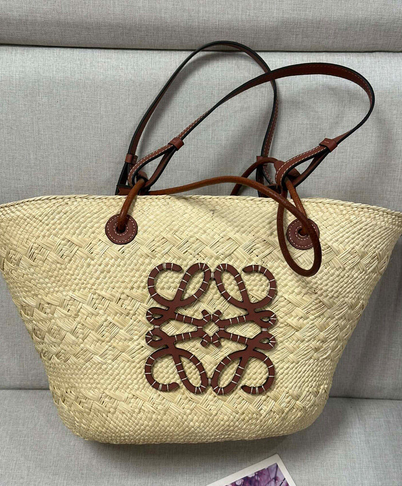 Paula's Ibiza Medium Leather-Trimmed Woven Raffia Tote