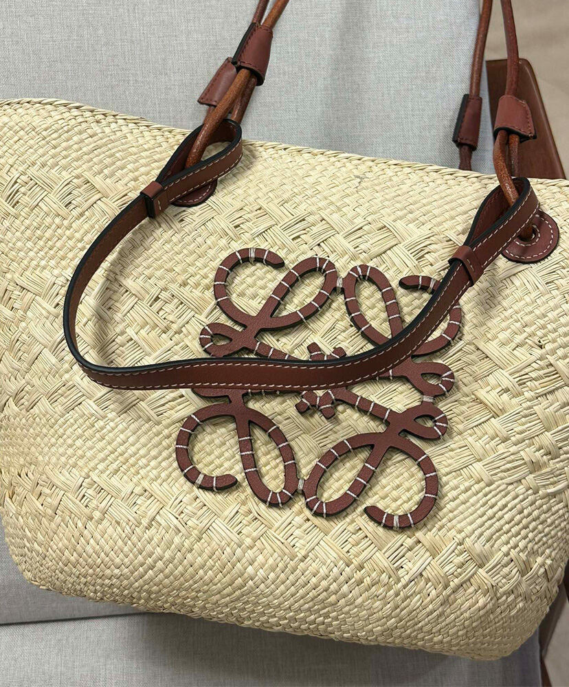 Paula's Ibiza Medium Leather-Trimmed Woven Raffia Tote