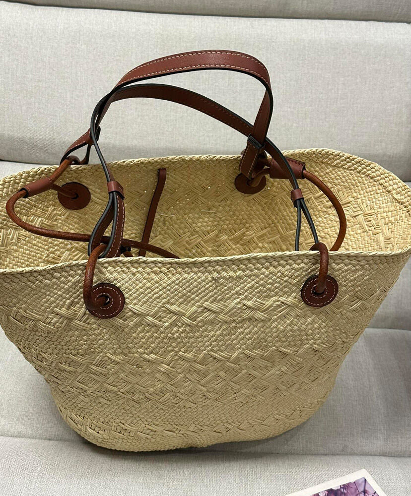 Paula's Ibiza Medium Leather-Trimmed Woven Raffia Tote