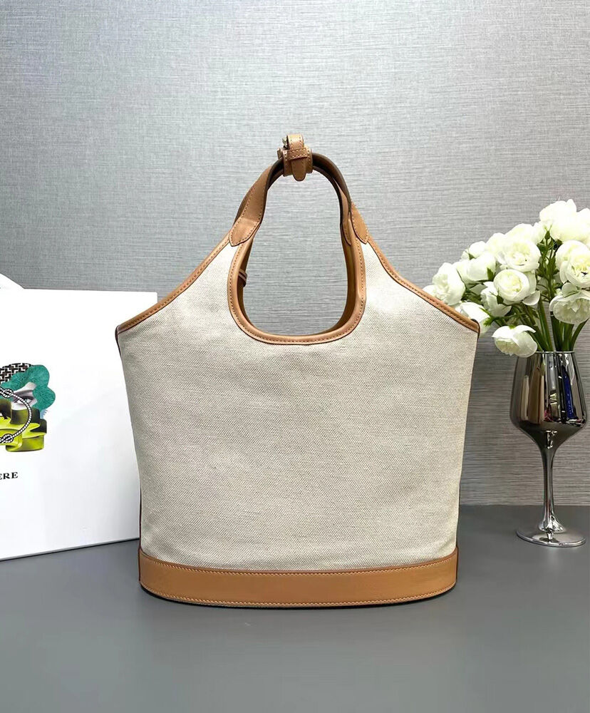 Medium Linen Blend And Leather Tote Bag