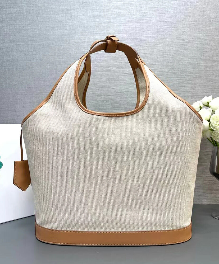 Large Linen Blend And Leather Tote Bag