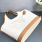 Large Linen Blend And Leather Tote Bag