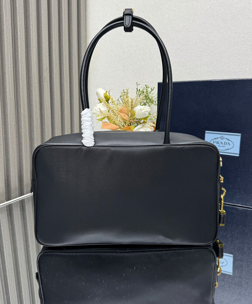 Re-Nylon And Leather Medium Top-handle Bag With Padlock