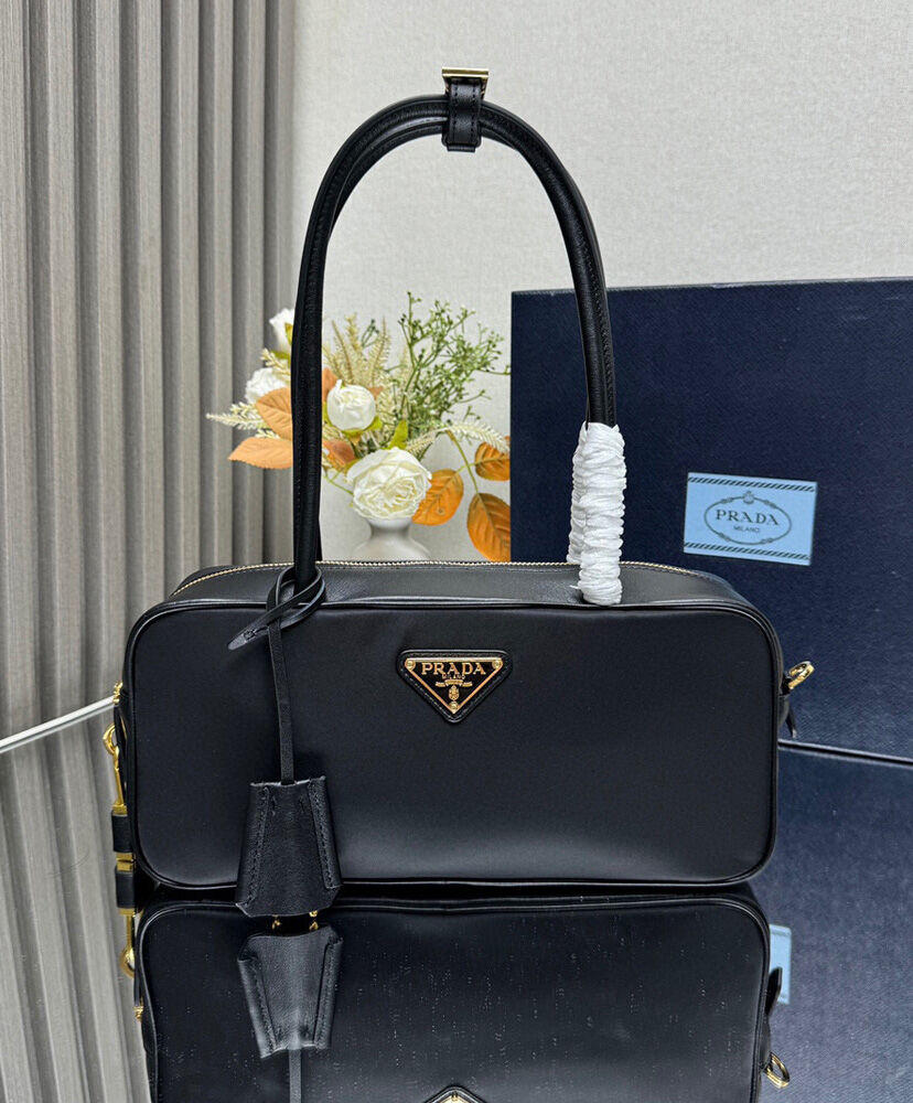 Re-Nylon And Leather Small Top-handle Bag With Padlock