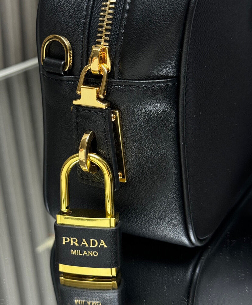 Re-Nylon And Leather Small Top-handle Bag With Padlock