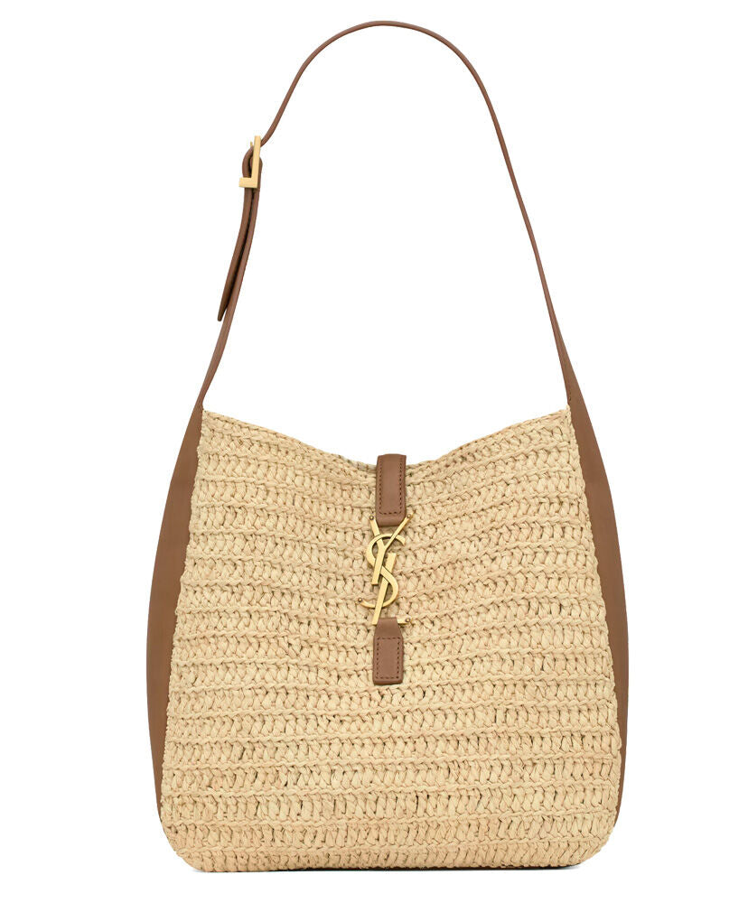 Le 5 a 7 Supple Small Leather-Trimmed Raffia Shoulder Bag