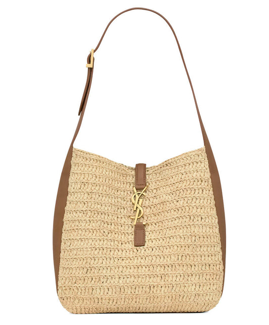 Le 5 a 7 Supple Small Leather-Trimmed Raffia Shoulder Bag