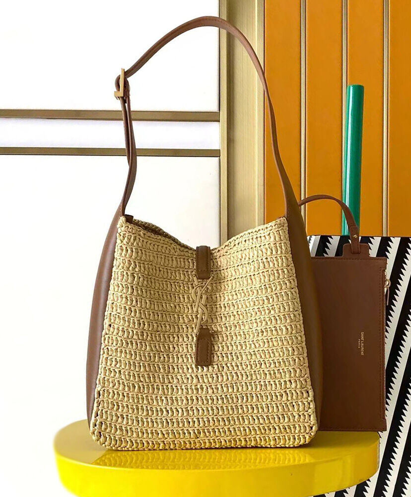 Le 5 a 7 Supple Small Leather-Trimmed Raffia Shoulder Bag