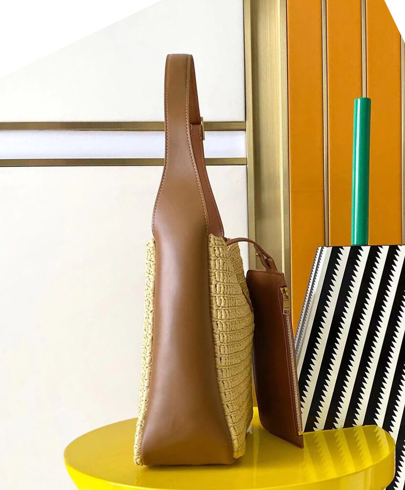 Le 5 a 7 Supple Small Leather-Trimmed Raffia Shoulder Bag