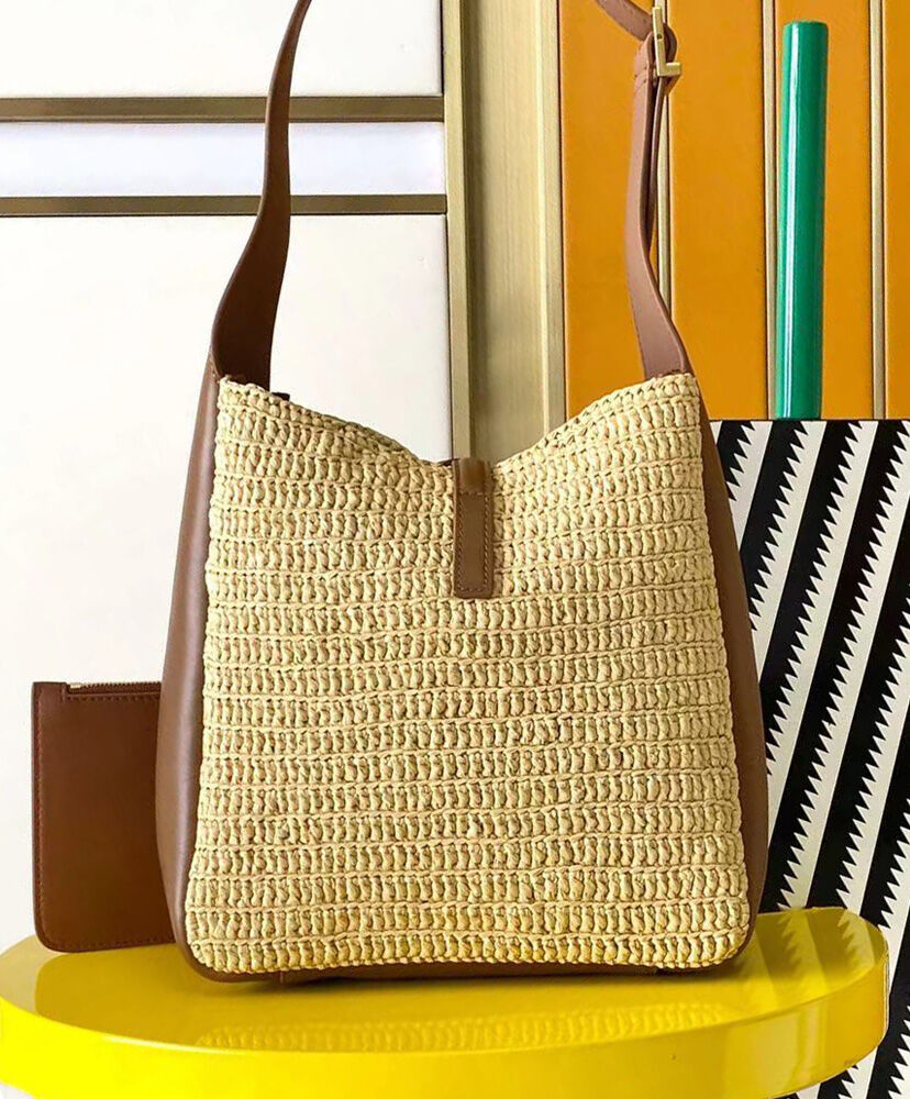 Le 5 a 7 Supple Small Leather-Trimmed Raffia Shoulder Bag