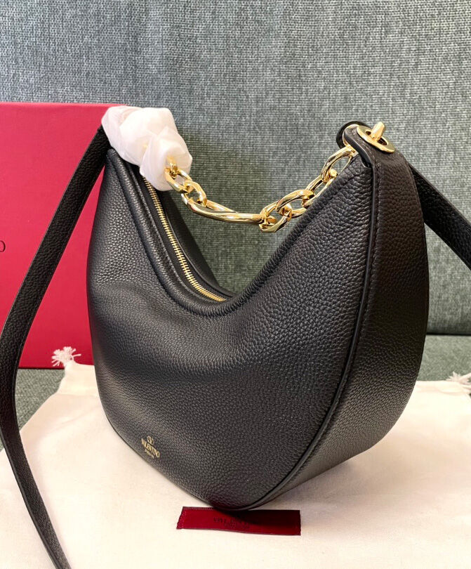 Small Vlogo Moon Hobo Bag In Grainy Calfskin With Chain