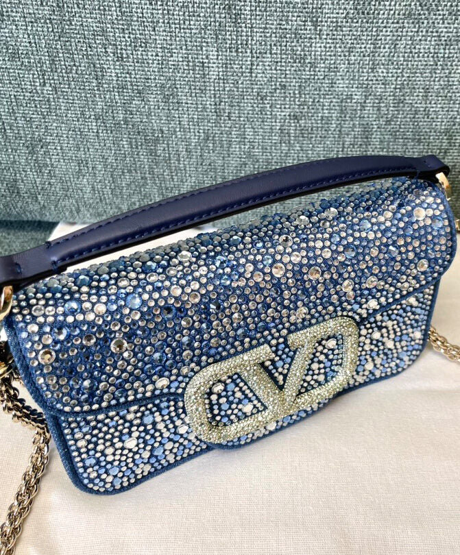 Small Loco Denim Shoulder Bag With Rhinestones