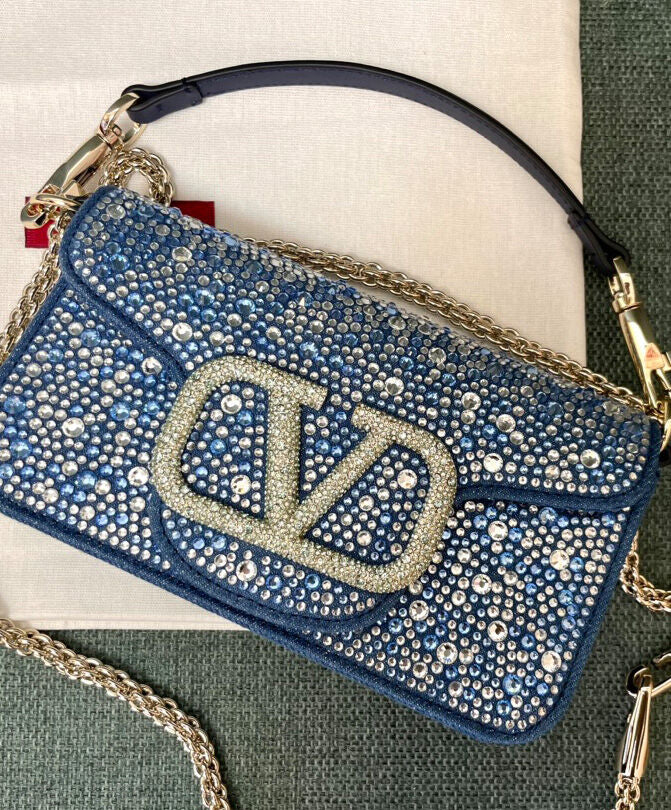 Small Loco Denim Shoulder Bag With Rhinestones