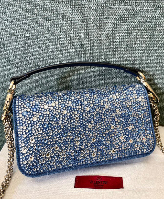 Small Loco Denim Shoulder Bag With Rhinestones