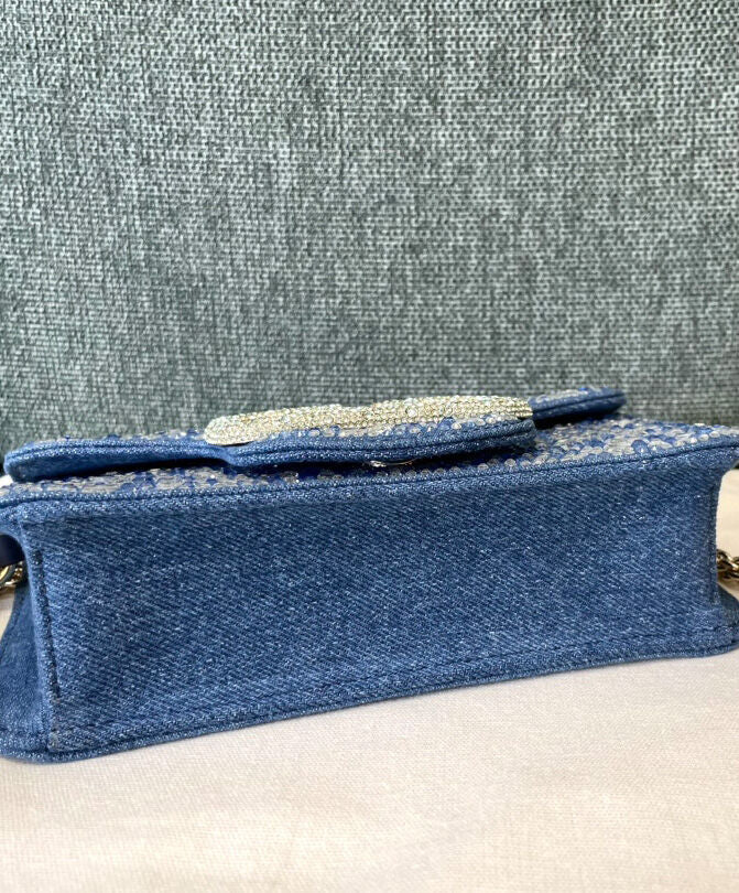 Small Loco Denim Shoulder Bag With Rhinestones