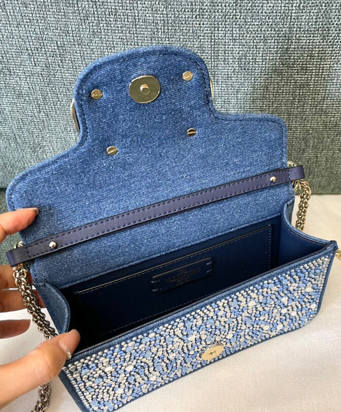 Small Loco Denim Shoulder Bag With Rhinestones