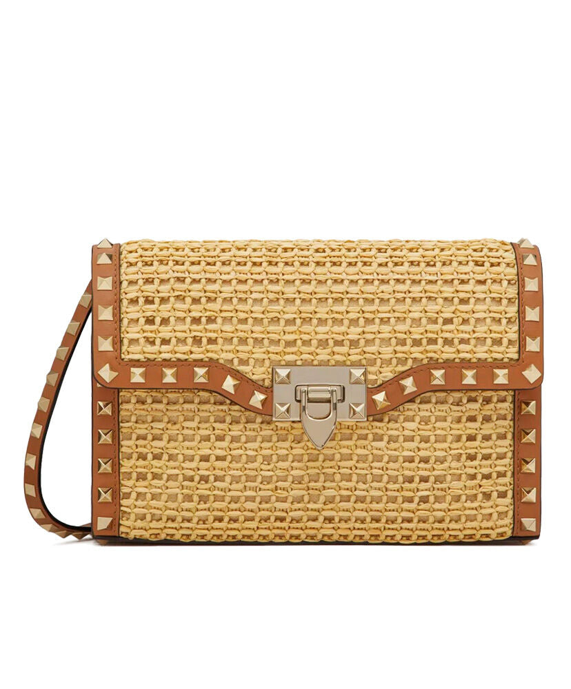 Small Rockstud Shoulder Bag In Woven Raffia