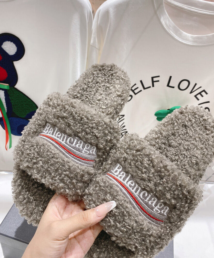 Furry Logo-Embroidered Faux Shearling Slides