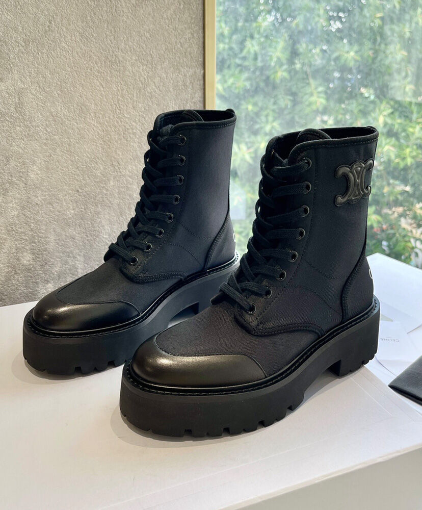 Celine Bulky Laced Up Boot In Nylon And Shiny Bull