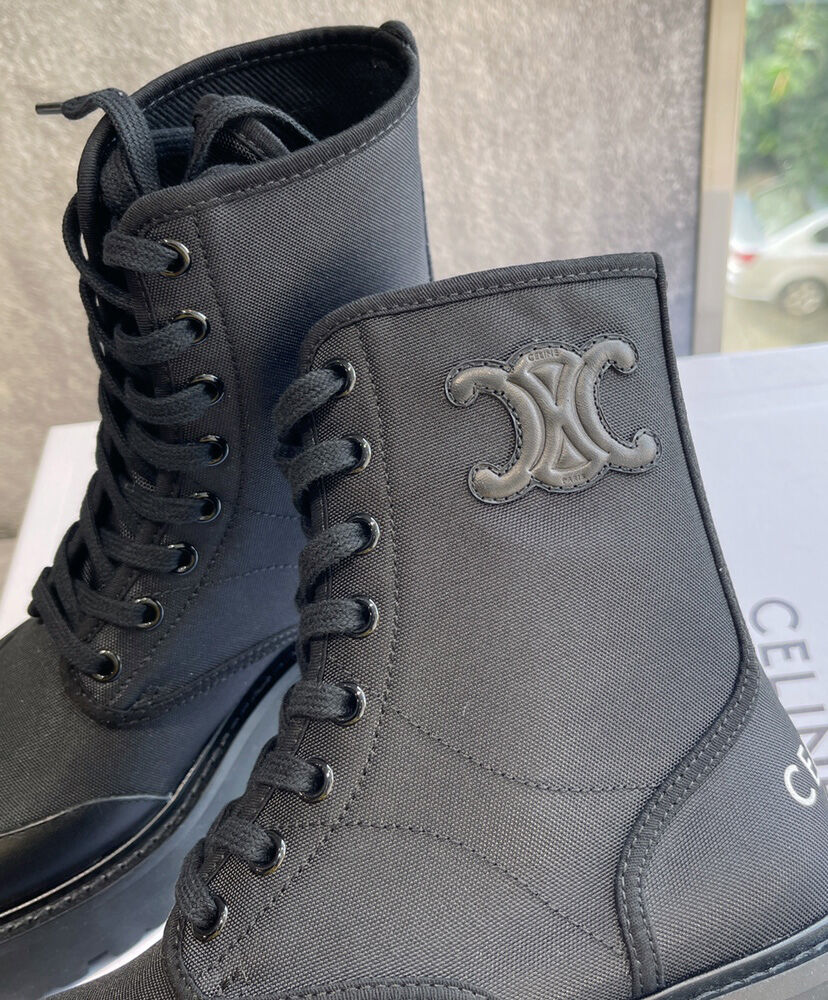 Celine Bulky Laced Up Boot In Nylon And Shiny Bull