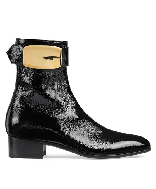 Carol Buckled Textured Patent-Leather Ankle Boots