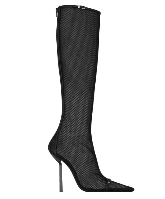 Oxalis Buckle-Embellished Leather-Trimmed Mesh Knee Boots