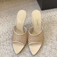 Blonde Leather-Trimmed Crystal-Embellished Mesh Mules