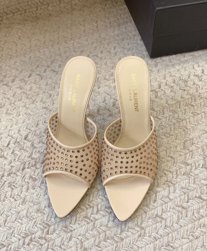 Blonde Leather-Trimmed Crystal-Embellished Mesh Mules