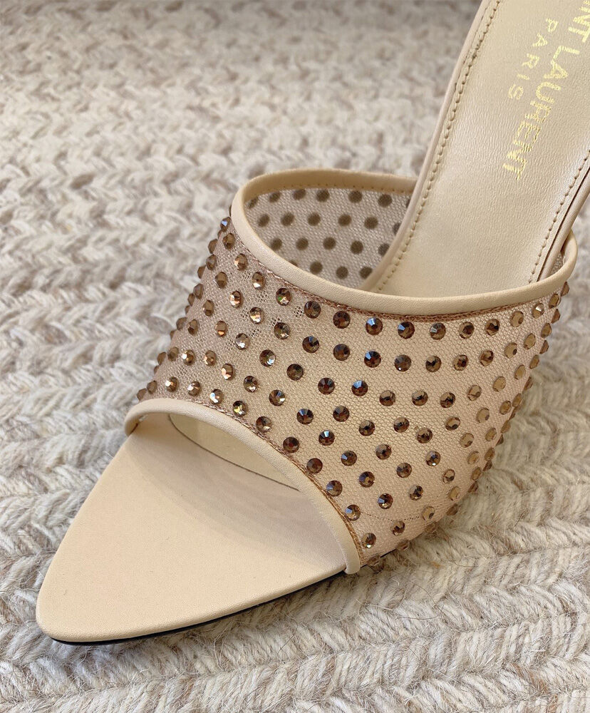 Blonde Leather-Trimmed Crystal-Embellished Mesh Mules