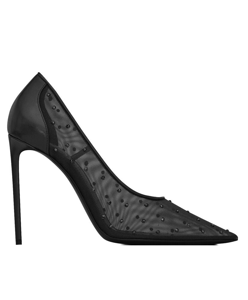 Anja Leather-Trimmed Crystal-Embellished Mesh Pumps