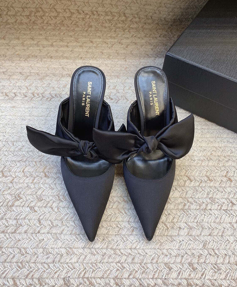 Barbara Bow-Detailed Satin Mules