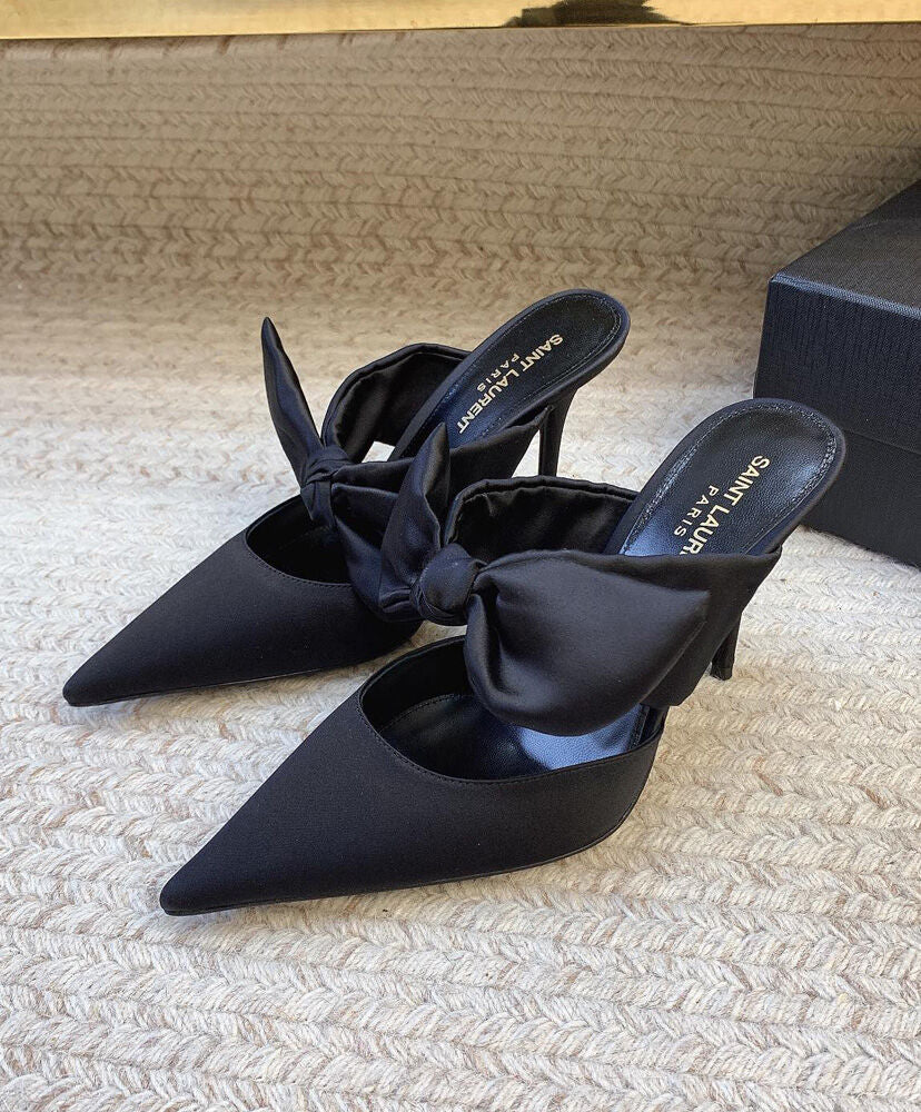 Barbara Bow-Detailed Satin Mules