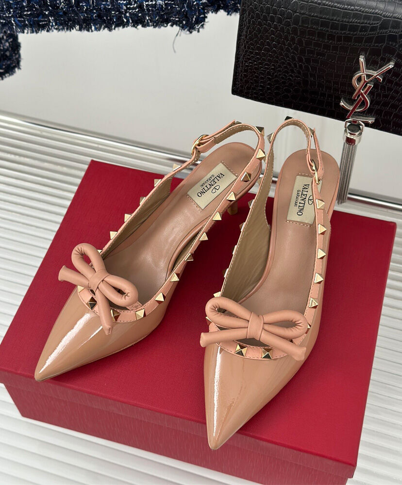 Rockstud Bow 60mm Patent Slingback Pumps