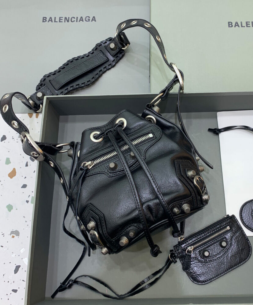 Le Cagole XS Studded Crinkled-Leather Bucket Bag