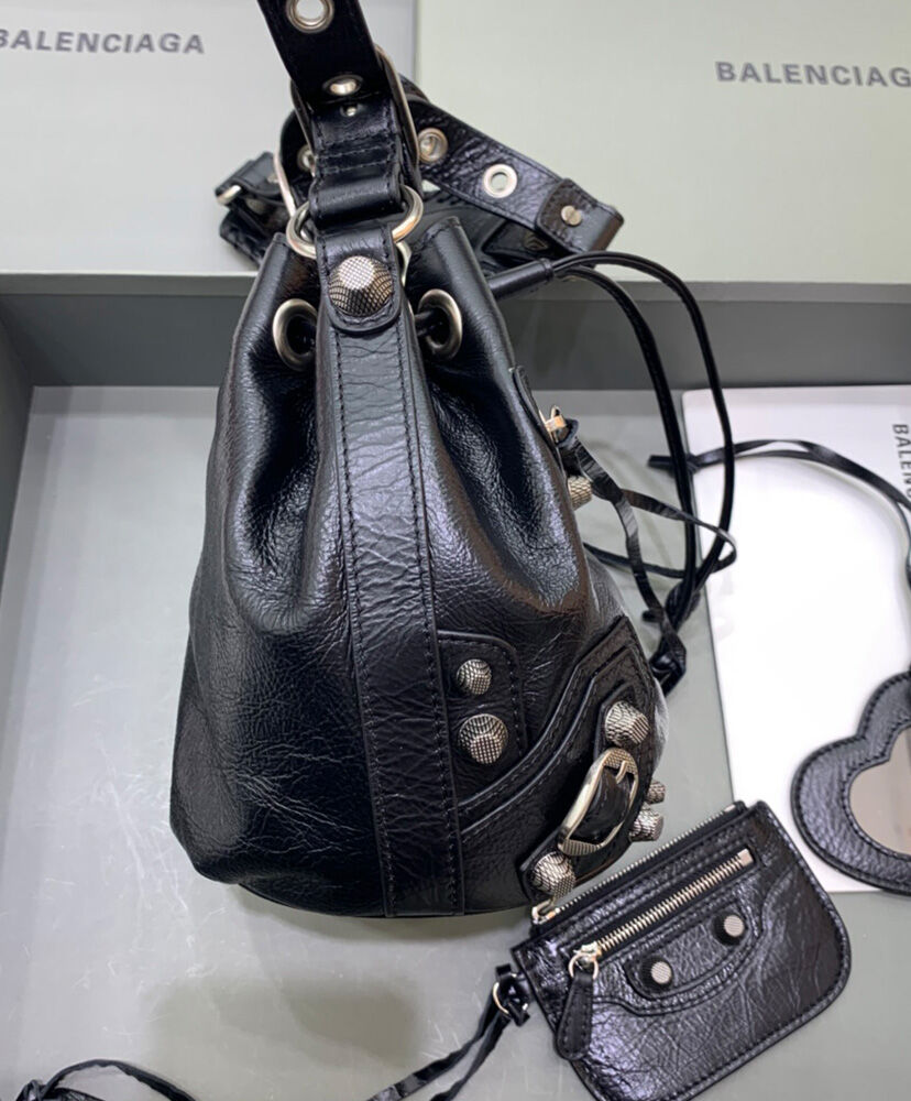 Le Cagole XS Studded Crinkled-Leather Bucket Bag