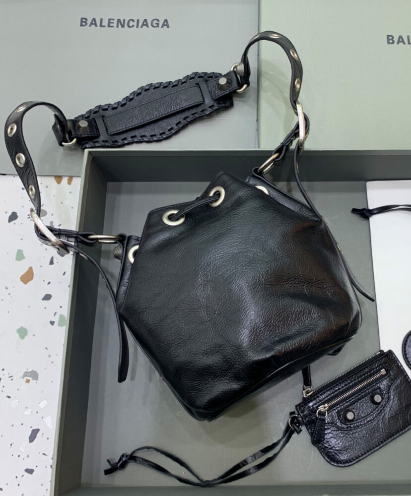 Le Cagole XS Studded Crinkled-Leather Bucket Bag