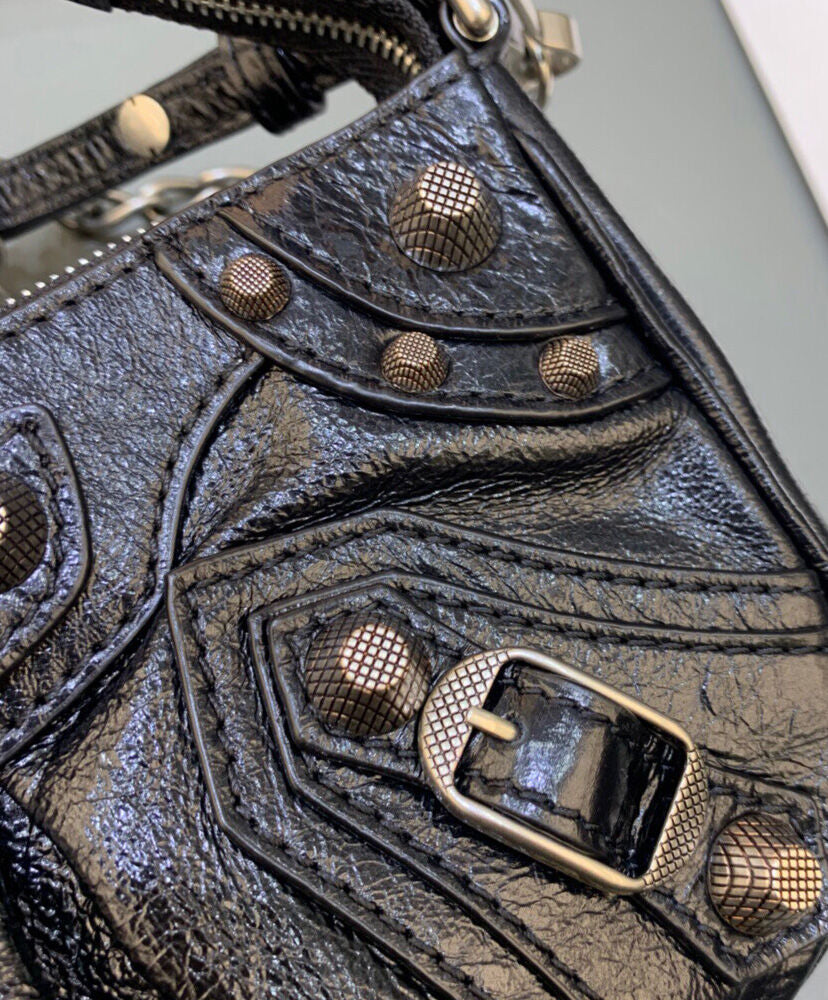 Le Cagole Mini Studded Crinkled-leather Shoulder Bag