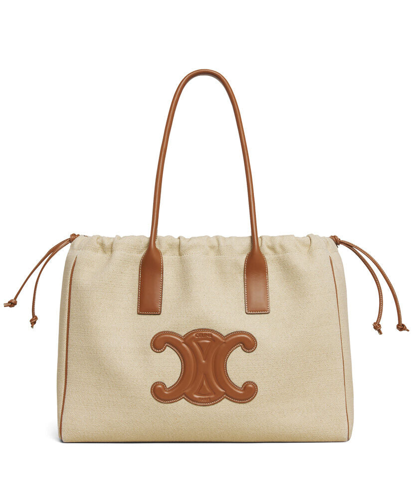 Cabas Drawstring Cuir Triomphe In Textile And Calfskin Natural / Tan