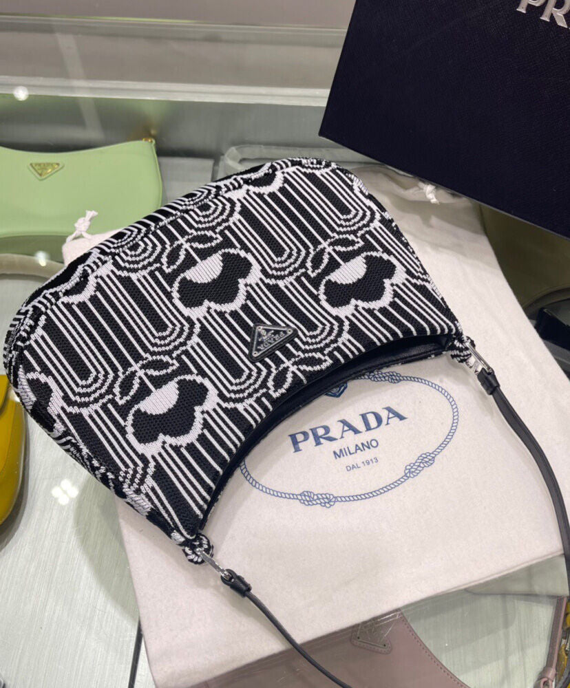 Prada Cleo Jacquard Knit And Leather Bag