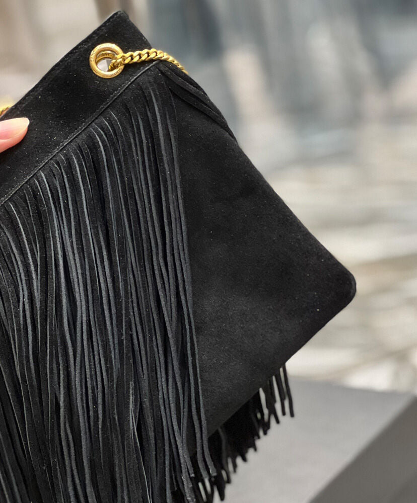 Grace fringed Leather-Trimmed Suede Shoulder Bag