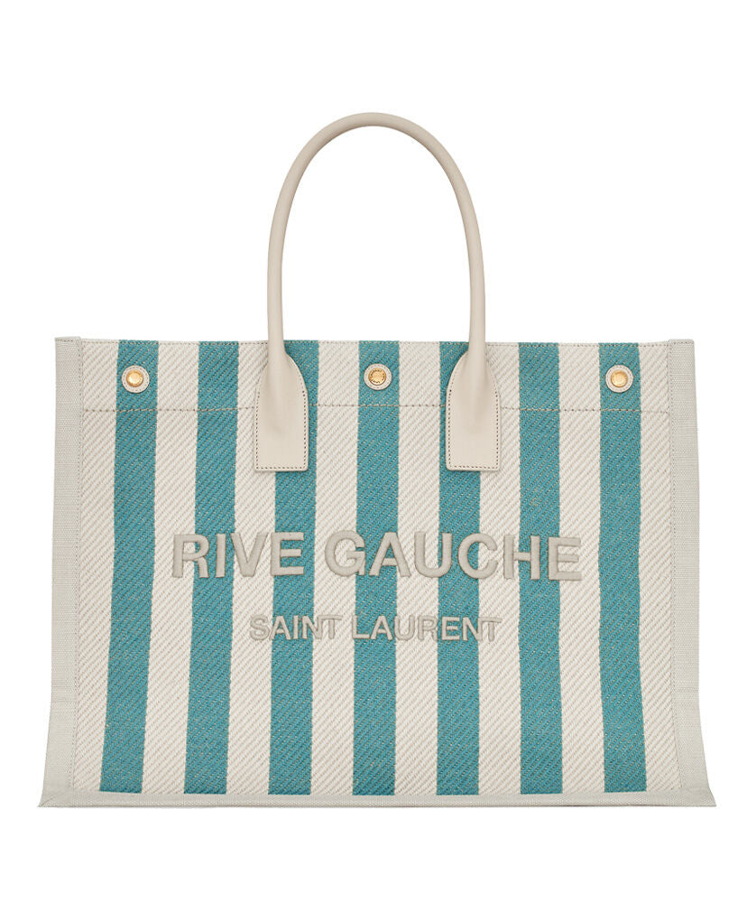 Rive Gauche Tote Bag In Striped Canvas And Smooth Leather